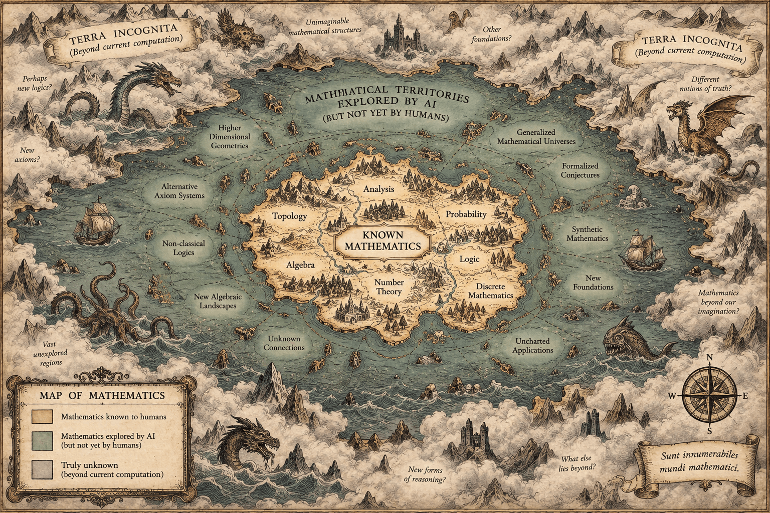 Mapa imaginario del conocimiento matemático futuro, con las matemáticas humanas rodeadas por territorios explorados por la inteligencia artificial